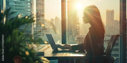 Woman business executive working on laptop computer in a modern office at golden hour