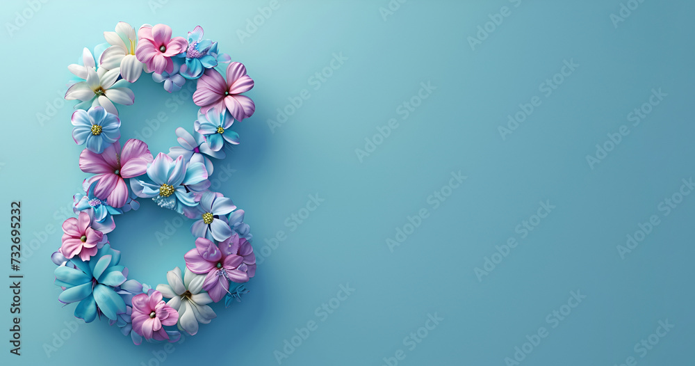 A Womens Day banner for March 8 featuring a figure adorned with flowers against a blue background