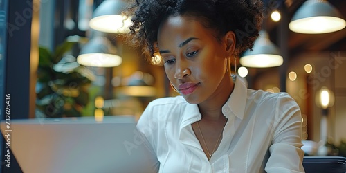 Black Woman business executive working on laptop computer in a modern office