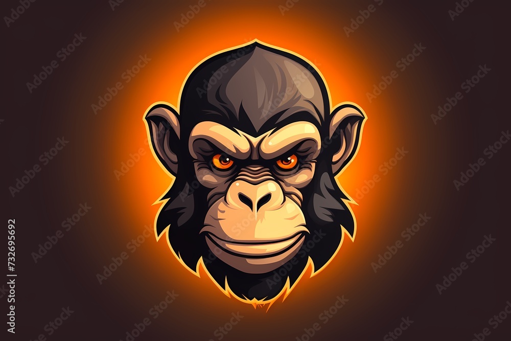 A charismatic and friendly chimpanzee face logo illustration, radiating intelligence and camaraderie, perfectly isolated on a warm and inviting solid background