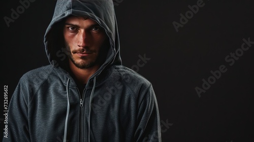 Fit young man wearing stylish hoodie isolated on black background