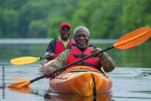 Senior African American man kayaking on a tranquil river, with another person in the background. © evgenia_lo