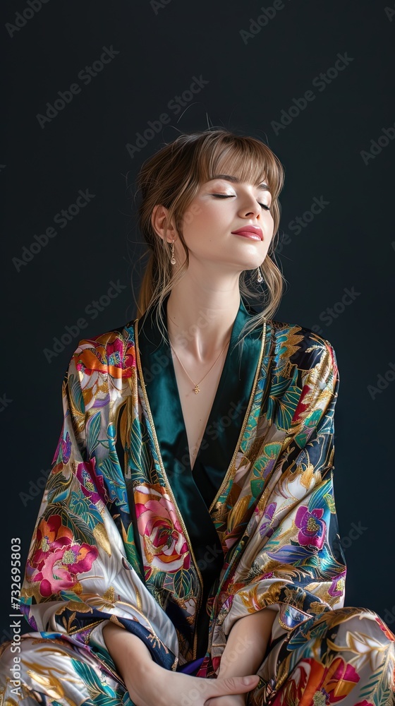 Fit young woman wearing stylish and colorful silk robe isolated on black background Fit young woman wearing stylish and colorful silk robe isolated on black background