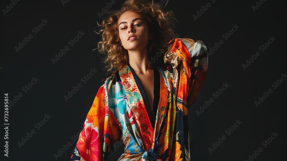 Fit young woman wearing stylish and colorful silk robe isolated on black background Fit young woman wearing stylish and colorful silk robe isolated on black background