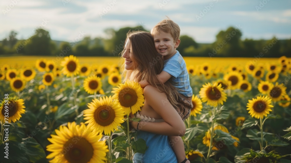 Woman standing in the sunflower field, holding her son on her back. Woman standing in the sunflower field, holding her son on her back.