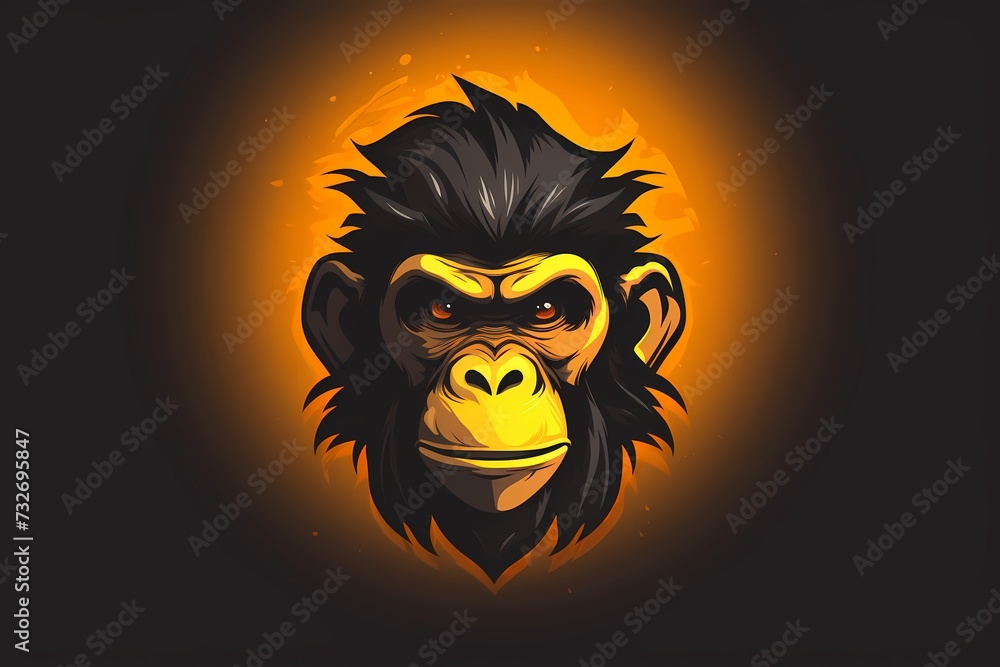 A charismatic and friendly chimpanzee face logo illustration, radiating intelligence and camaraderie, perfectly isolated on a warm and inviting solid background
