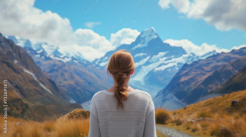 A woman stands with her back and admires the view of snowy mountains. A traveler traveling on vacation in the most beautiful place in the world. Winter vacation