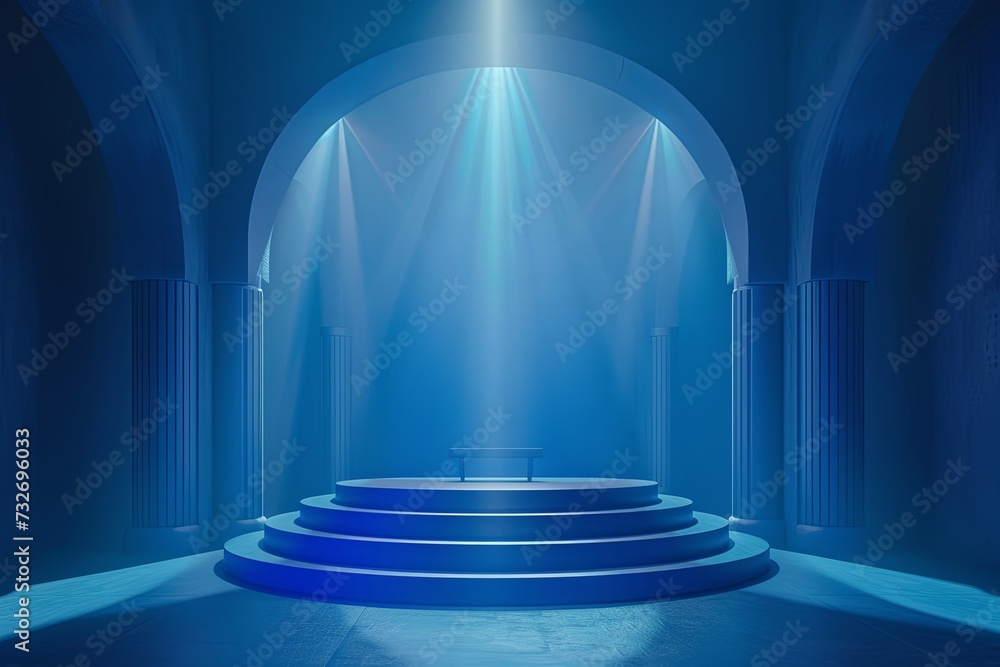 An empty podium scene for a product presentation with blue lights. An empty podium scene for a product presentation with blue lights.