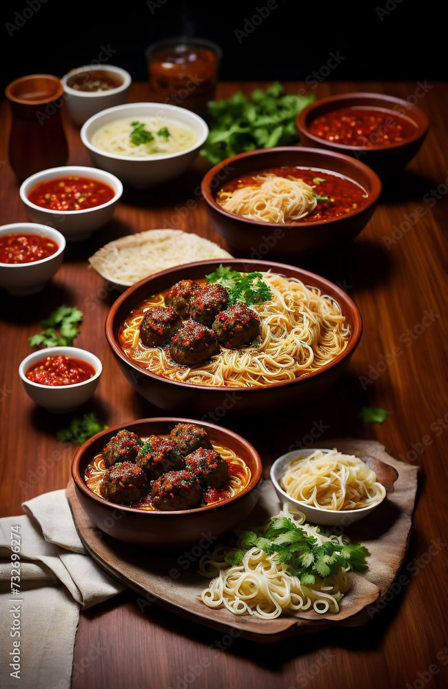 bowl of meatballs and noodles, hot sambal peppers on a wooden table. bowl of meatballs and noodles, hot sambal peppers on a wooden table.