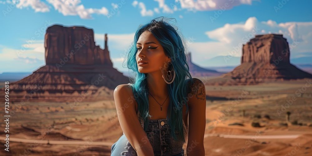 Woman with colorful hair exploring the southwest desert