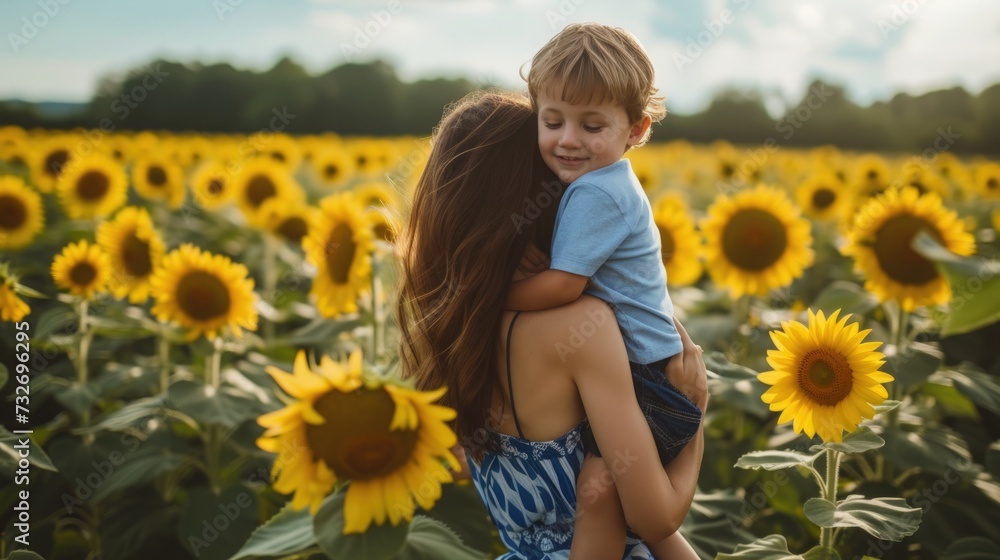 Woman standing in the sunflower field, holding her son on her back. Woman standing in the sunflower field, holding her son on her back.