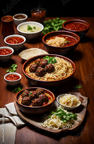 bowl of meatballs and noodles, hot sambal peppers on a wooden table.