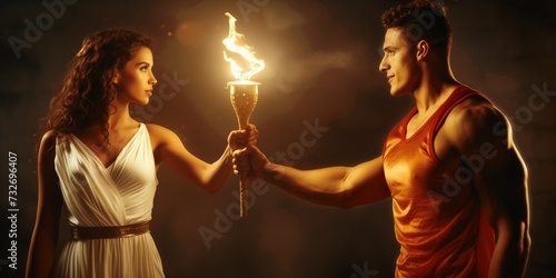 A woman in a white ancient Greek peplos dress passes the Olympic flame to a male athlete. Illustration for the International Olympic Sports Games photo