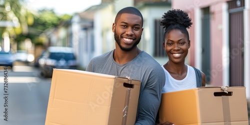 Couple (man and woman) carrying cardboard boxes on moving day when relocating to a new house