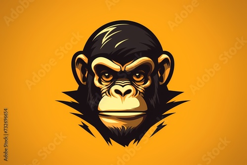 A charismatic and friendly chimpanzee face logo illustration, radiating intelligence and camaraderie, perfectly isolated on a warm and inviting solid background