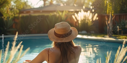 Woman sunbathing by the swimming pool in the backyard © Brian