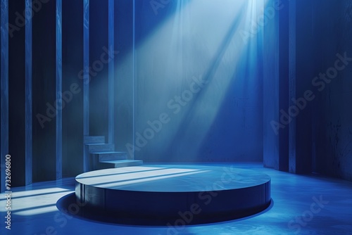 An empty podium scene for a product presentation with blue lights. photo