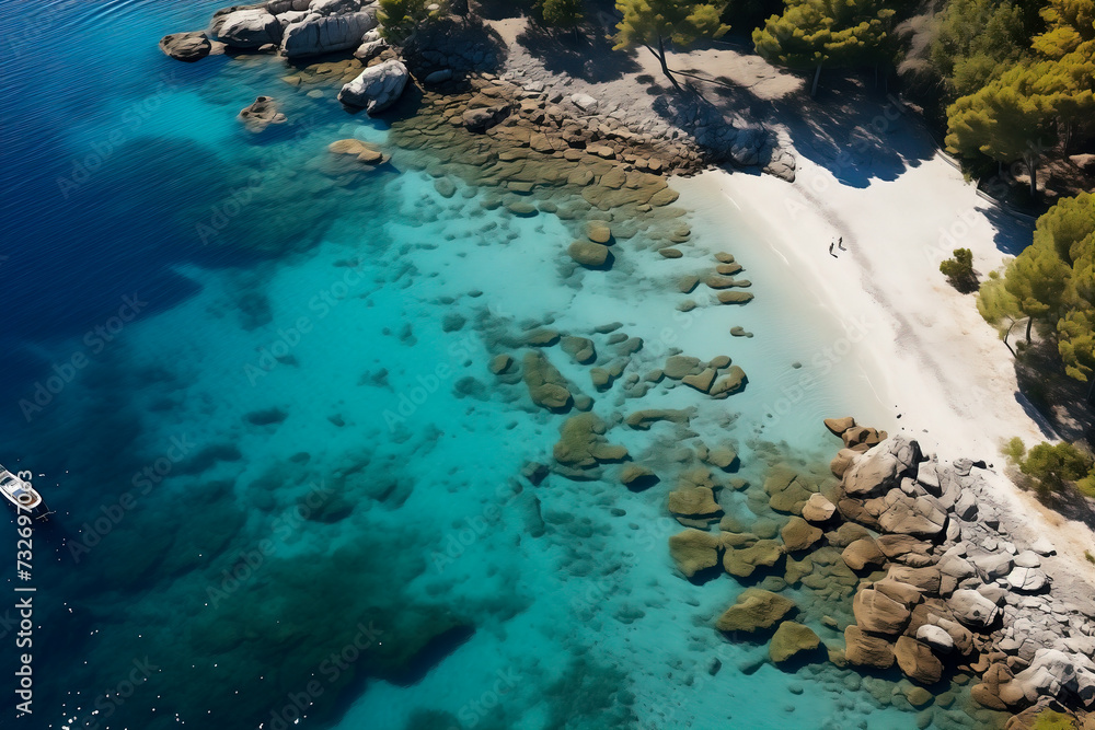 An aerial view of a tropical shoreline island with sand and stone beach and palm trees. An aerial view of a tropical shoreline island with sand and stone beach and palm trees.