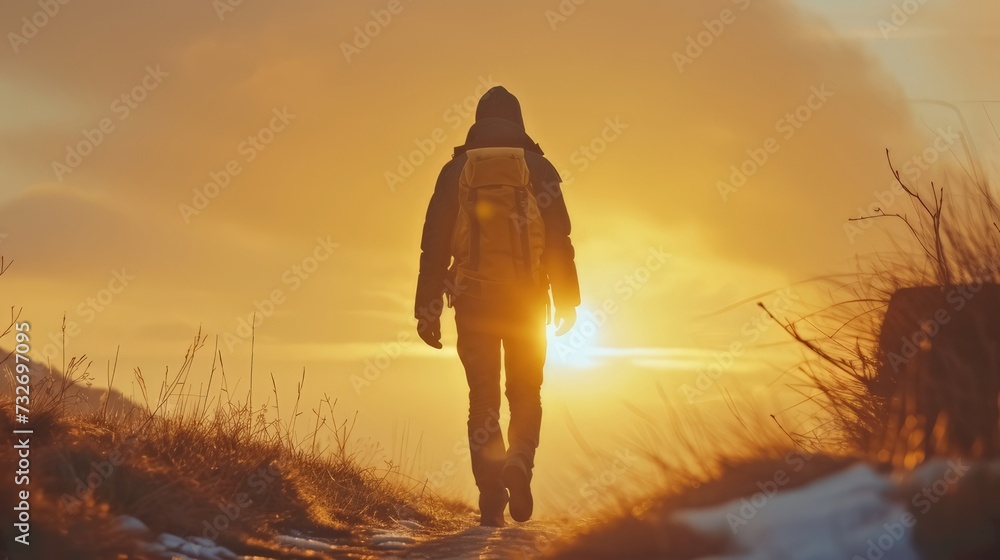 A traveler walking alone on a path at sunset, enjoying the freedom and beauty of being in the wild
 - obrazy, fototapety, plakaty 