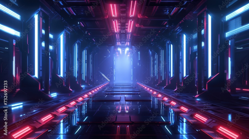 A digital illustration of a futuristic corridor bathed in vibrant neon lights, with a perspective that draws the eye towards infinity. Resplendent.