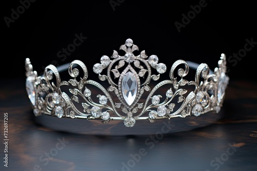 Silver crown with diamonds on dark background with copy space