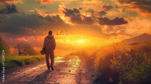 A lone traveler strolling along a path during sunset  relishing in the freedom and adventure of exploring untamed nature 