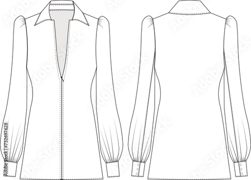 collared v neck  zippered balloon long sleeve short mini dress template technical drawing flat sketch cad mockup fashion woman design style model denim jean

