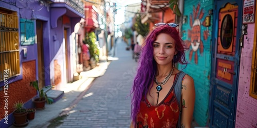 Young woman with colorful purple hair exploring the barrio filled with colorful buildings 