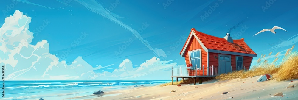 Naklejka premium Beach house on the sandy beach next to the ocean shore with blue sky