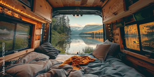 Living in a van down by the river. View from inside vandwelling