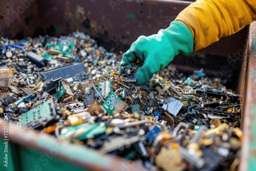 A worker's hand sorting through electronic waste at a recycling facility, highlighting the importance of e-waste management. photo