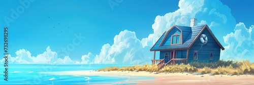 Beach house on the sandy beach next to the ocean shore with blue sky