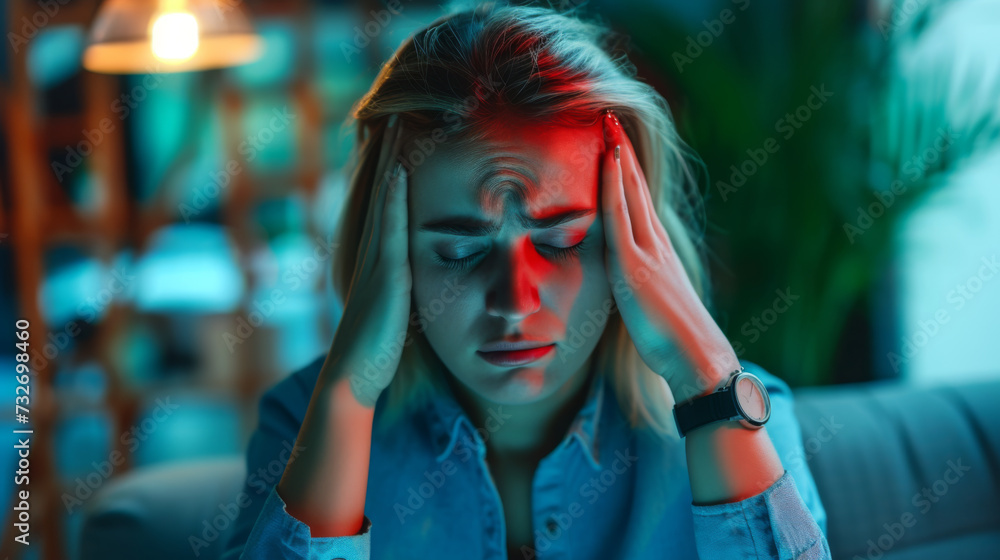 young woman with closed eyes, holding her head in her hands, with a pained expression on her face, illuminated by red light, suggesting a headache or migraine.