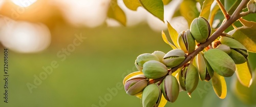 Golden Harvest Time Pistachios on a Tree Branch in the Evening Light