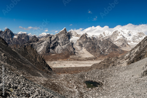 Alpine lake, Mounts Lobuche, Cho Oyu and Khumbu Glacier from Kongma La Pass during Everest Base Camp EBC or Three Passes trekking in Khumjung, Nepal. Highest mountains in the world. photo