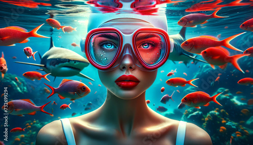 Surreal underwater portrait of a woman with vibrant red lips and large diving goggles, surrounded by colorful fish and a looming shark above.Portrait concept. AI generated.