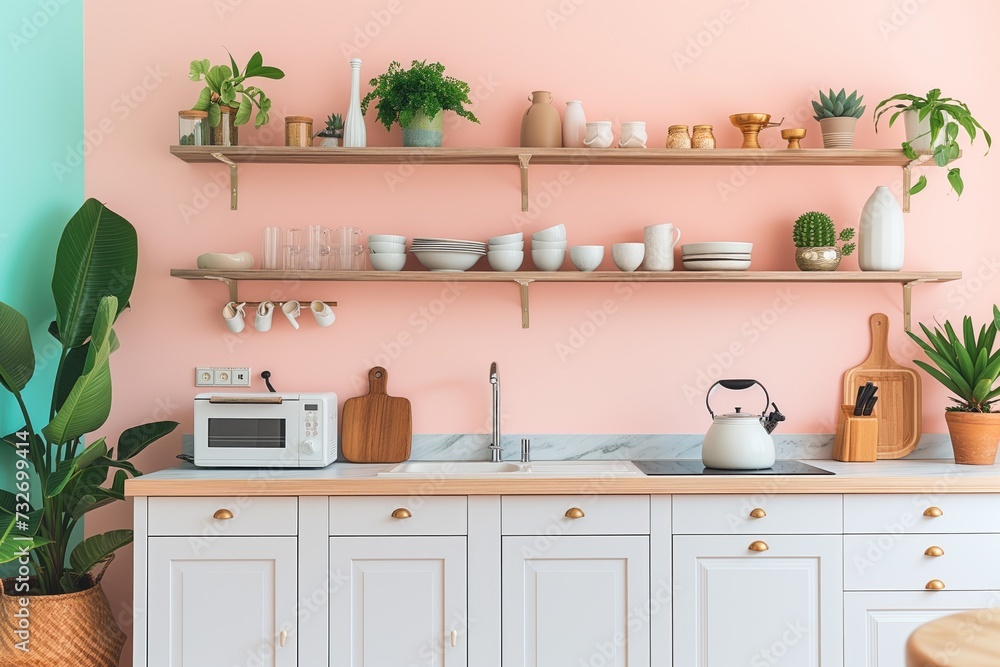 Bright and airy minimalist kitchen with soft pastel pink walls, wooden countertops, and open shelving adorned with plants and neatly arranged kitchenware. Bright and airy minimalist kitchen with soft pastel pink walls, wooden countertops, and open shelving adorned with plants and neatly arranged kitchenware.