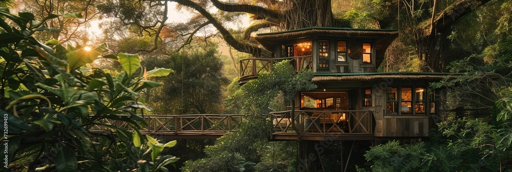 Wooden treehouse built among the leaves and branches high up the treetrunk Wooden treehouse built among the leaves and branches high up the treetrunk