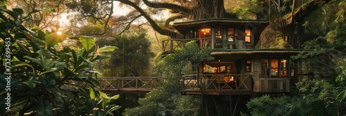 Wooden treehouse built among the leaves and branches high up the  treetrunk photo