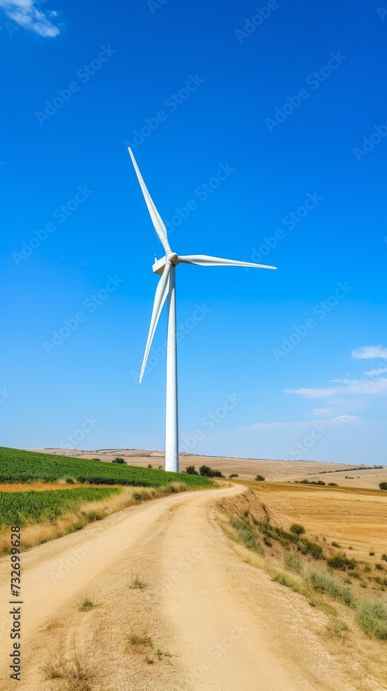 Wind turbines against the blue sky in summer. Renewable clean energy, Wind farms, Ecology, Nature concepts. Wind turbines against the blue sky in summer. Renewable clean energy, Wind farms, Ecology, Nature concepts.