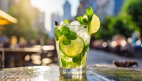 exotic mojito drink on blurred city background in the rays of sunlight in summer close up of a macro street cafe