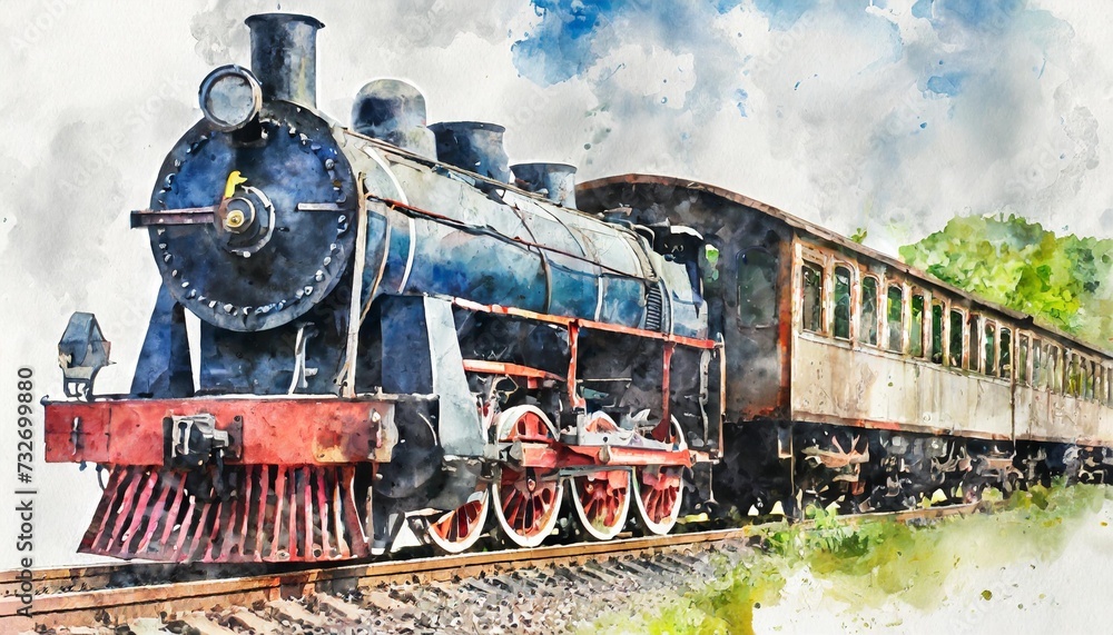 old train isolated on white watercolor paint illustration