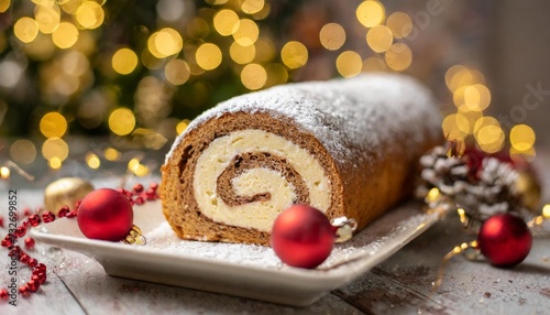 traditional christmas sponge roll buche de noel against a background of blurry lights
