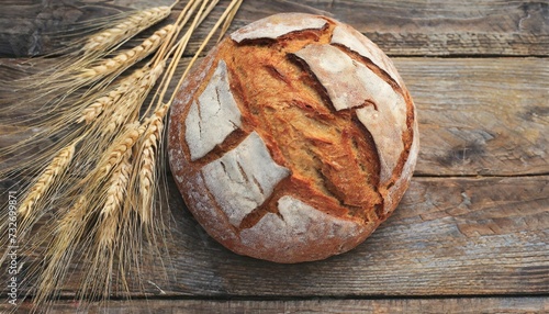 freshly baked homemade sourdough bread with crispy crust and ears of rye and wheat on an old wooden background with place for text modern bakery concept top view healthy natural food