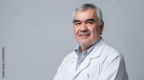 portrait of a smiling doctor or professor of science isolated on grey background © David Kreuzberg