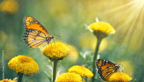 cheerful buoyant spring summer shot of yellow santolina flowers and butterflies in meadow in nature outdoors on bright sunny day macro soft selective focus