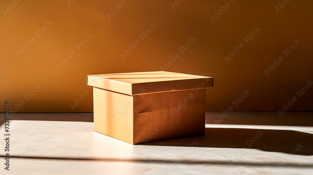 An empty cardboard box casting a shadow with a window cutout An empty cardboard box casting a shadow with a window cutout