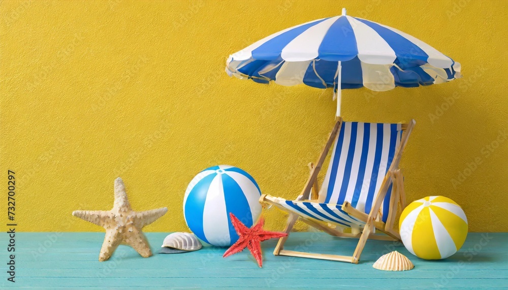 beach chair beach umbrella beach ball starfish and flip flops on yellow background 3d rendering of vacation gear