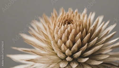 beige neutral color spiky horizontal flower bud with clean grey background macro