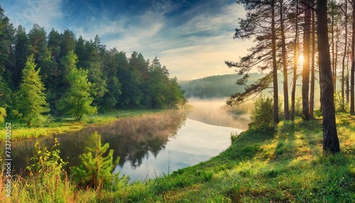 morning landscape with pines and river